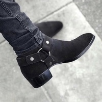 New Handmade Black Motorcycle Genuine Suede Leather Zip Fastening Boots for Men - Thumbnail 4