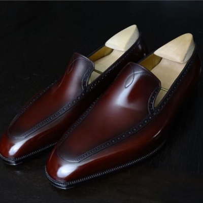 Handmade brown burnt shoes, leather moccasin dress shoes, formal slip on shoe