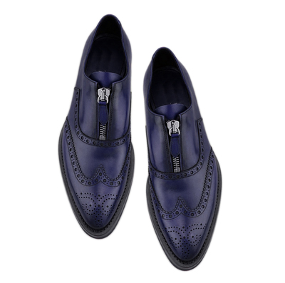 Handmade Men Blue Color Leather Wing Tip Brogue Zipper Shoes, Men Designer Shoes