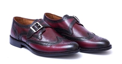 Business Class Burgundy Medallion Wingtip Monk Strap Genuine Leather Men Shoes