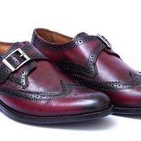 Business Class Burgundy Medallion Wingtip Monk Strap Genuine Leather Men Shoes - Thumbnail 4