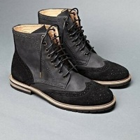 Men Black Color Wing Tip Brogue Toe High Ankle Real Suede Leather Boots - Thumbnail 4