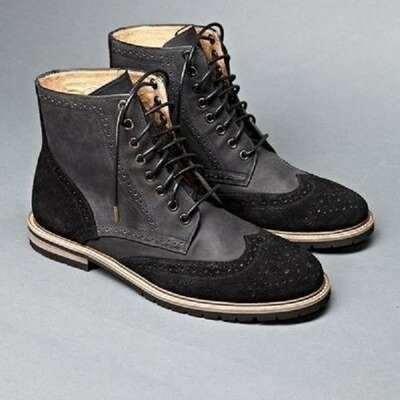 Men black color wing tip brogue toe high ankle real suede leather boots - Thumbnail 1