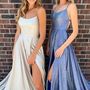 Sparkly Satin Royal Blue Split Prom Dresses, Spaghetti Straps Cross Back Prom Dresses with Pockets-1