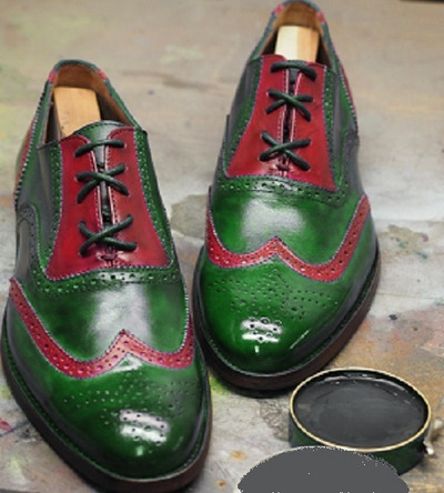 Wing Tip Two Tone Red Green Genuine Leather Brogue Toe Lace Up Handmade Shoes