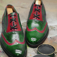 Wing Tip Two Tone Red Green Genuine Leather Brogue Toe Lace Up Handmade Shoes - Thumbnail 4