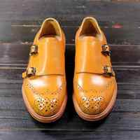 Monk Brown Double Buckle Strap Vintage Leather Wing Tip Brogue Toe Handmade Tan Sole Shoes - Thumbnail 4