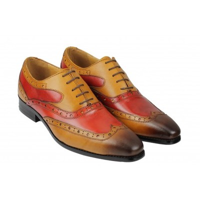 Oxford two tone vintage leather tan red rounded burnished derby toe wing tip handmade shoes