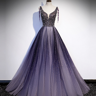 Purple v neck tulle beads long prom dress evening dress - Thumbnail 5