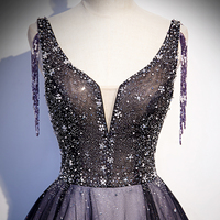 Purple v neck tulle beads long prom dress evening dress - Thumbnail 2