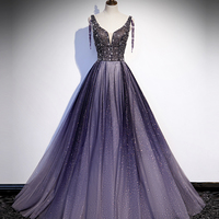 Purple v neck tulle beads long prom dress evening dress - Thumbnail 4