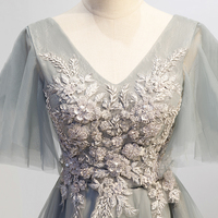 Gray tulle lace short prom dress high low evening dress - Thumbnail 1