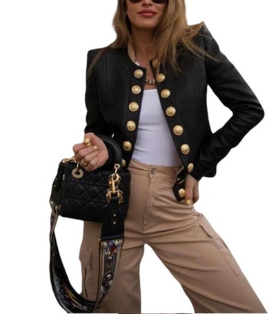 Chic Black Golden Button Blazer Coat