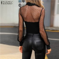 Black Lace Patchwork Long Sleeve Blouse - Thumbnail 2