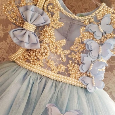 Blue flower girl dresses with pearls appliques - Thumbnail 2