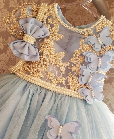 Blue Flower Girl Dresses with Pearls Appliques