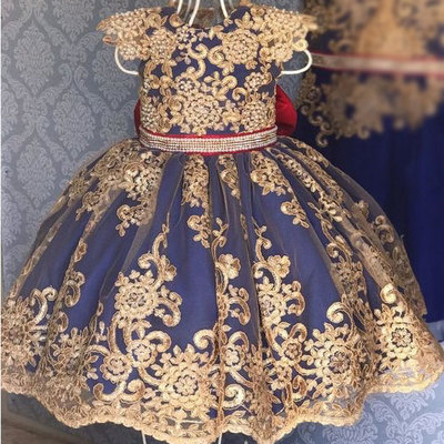 Royal blue flower girl dresses with appliques - Thumbnail 2