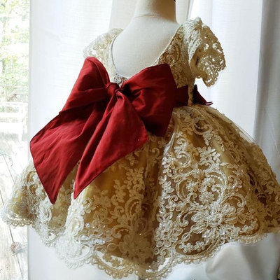 Crew neck gold short flower girl dresses with red bowknot - Thumbnail 4