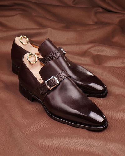 Handmade dark brown men single monk with shark skin straps leather christmas shoes