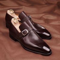 Handmade dark brown men single monk with shark skin straps leather christmas shoes - Thumbnail 1