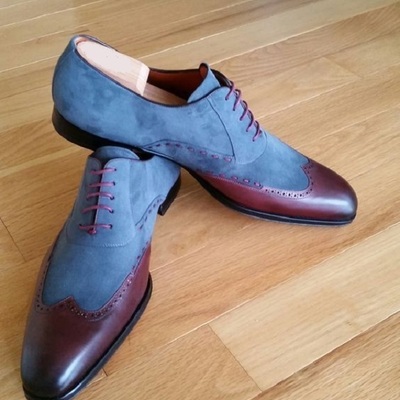 Handmade men two tone wing tip christmas sale shoes, men blue and brown formal shoes - Thumbnail 5
