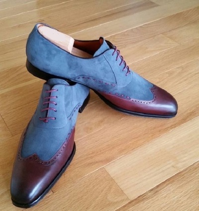 Handmade Men two tone wing tip Christmas Sale shoes, Men blue and brown formal shoes