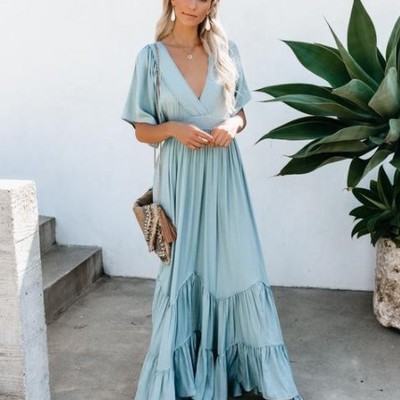V neck flare sleeve sleeve long dress