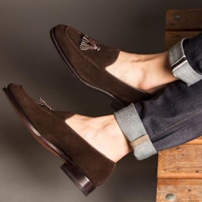 Best christmas gift hand stitch chocolate brown tassels loafer suede formal shoes