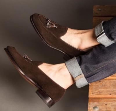 Best Christmas Gift Hand Stitch Chocolate Brown Tassels Loafer Suede Formal Shoes