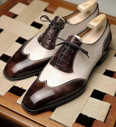 Outclass Two Tone Wingtip Leather Shoes,Brown White Handmade Christmas Leather Shoes 
