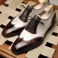Outclass Two Tone Wingtip Leather Shoes,Brown White Handmade Christmas Leather Shoes  - Thumbnail 1