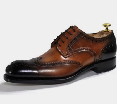 Decent Oxfords Two Tone Wingtip Brogue Leather Shoes,Hand Stitch Lace Up Wedding Shoes