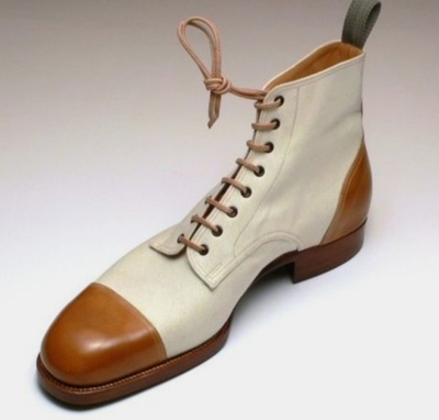Men's Handmade Brown White Leather Cap Toe Ankle High Dress Decent Boot