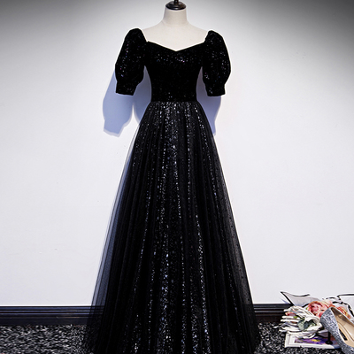 Elegant tulle sequins long prom dress black evening dress - Thumbnail 3