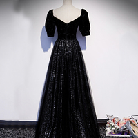 Elegant tulle sequins long prom dress black evening dress - Thumbnail 4