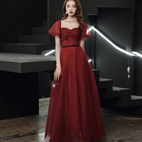 Burgundy tulle long prom dress evening dress - Thumbnail 2