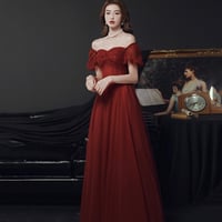 Burgundy tulle long prom dress evening dress - Thumbnail 3