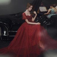 Burgundy tulle long prom dress evening dress - Thumbnail 1