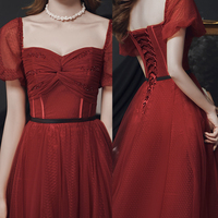 Burgundy tulle long prom dress evening dress - Thumbnail 4