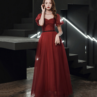 Burgundy tulle long prom dress evening dress - Thumbnail 5