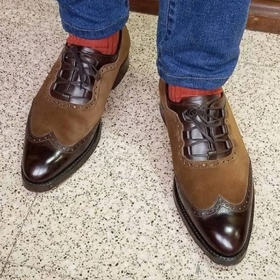 Western look brown dark brown leather suede contrast hand made wingtip shoes for men christmas offer - Thumbnail 5