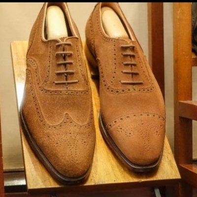 Oxfords design discounted price brown suede cap toe brogues lace up handmade shoes for mens - Thumbnail 4
