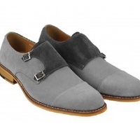 Men Monk Style Two Tone Suede Leather Double Strap Buckle Closer Contrast Sole Men Leather Shoes - Thumbnail 1