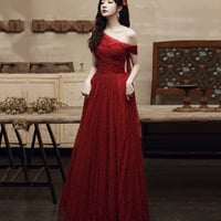 Burgundy tulle beads long prom dress one shoulder evening dress - Thumbnail 1