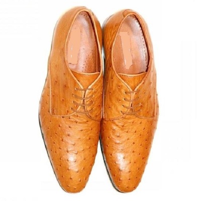 Handmade Men Ostrich texture tan formal dress shoes with lace up closure