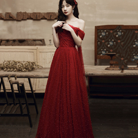 Burgundy tulle beads long prom dress one shoulder evening dress - Thumbnail 2