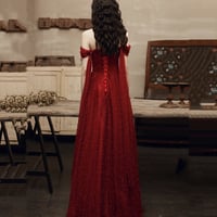 Burgundy tulle beads long prom dress one shoulder evening dress - Thumbnail 3