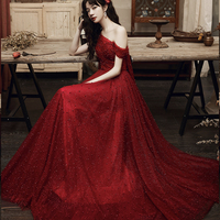 Burgundy tulle beads long prom dress one shoulder evening dress - Thumbnail 4