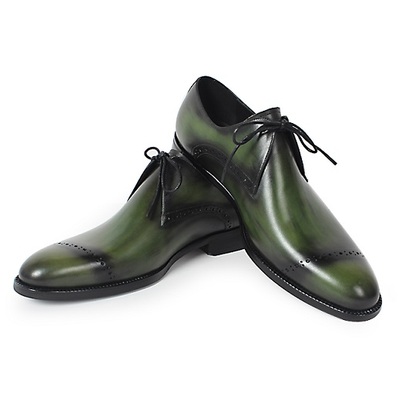 Magnificent green patina hand painted real leather rounded derby toe handmade matching black sole shoes