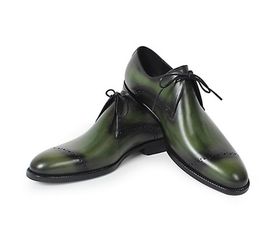 Magnificent Green Patina Hand Painted Real Leather Rounded Derby Toe Handmade Matching Black Sole Shoes